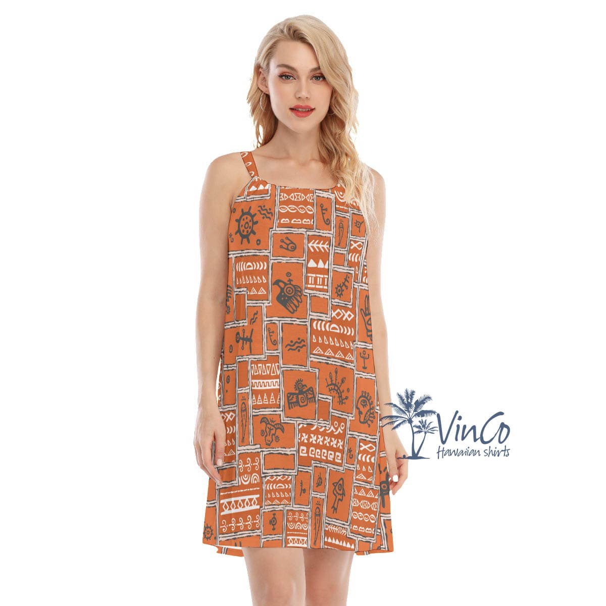 Orange Vintage Aloha Cami Dress With Ethnic Style (2)
