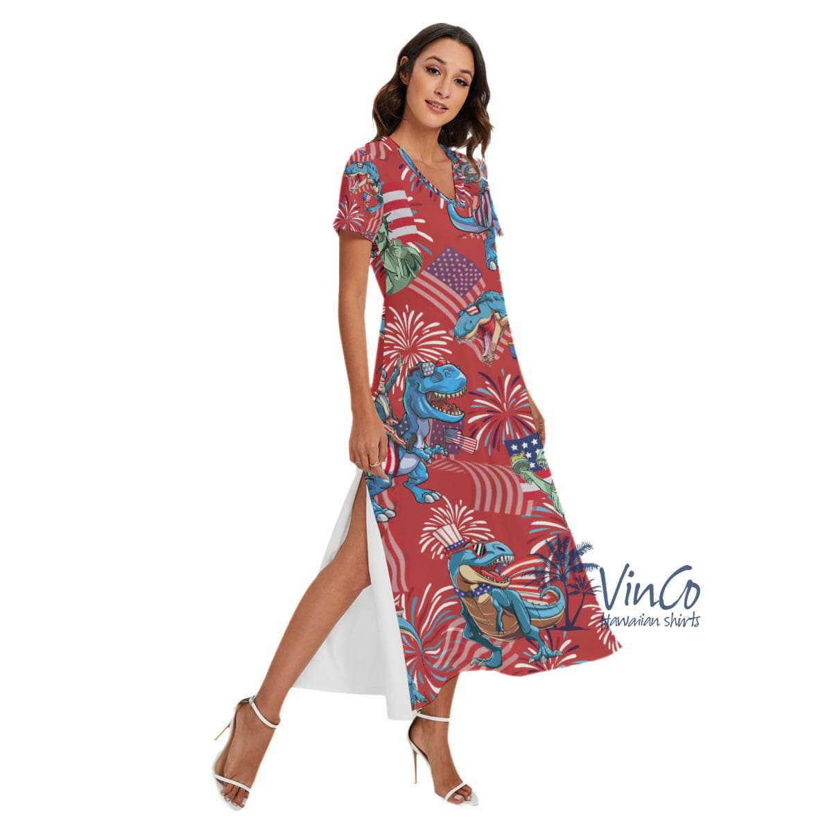 Patriotic Dinosaur Red Hawaiian V-neck Dress With Side Slit