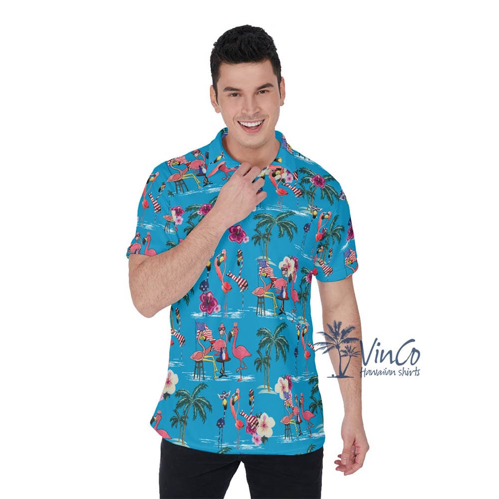 Patriotic Flamingos Hawaiian Polo Shirt For Men (1)
