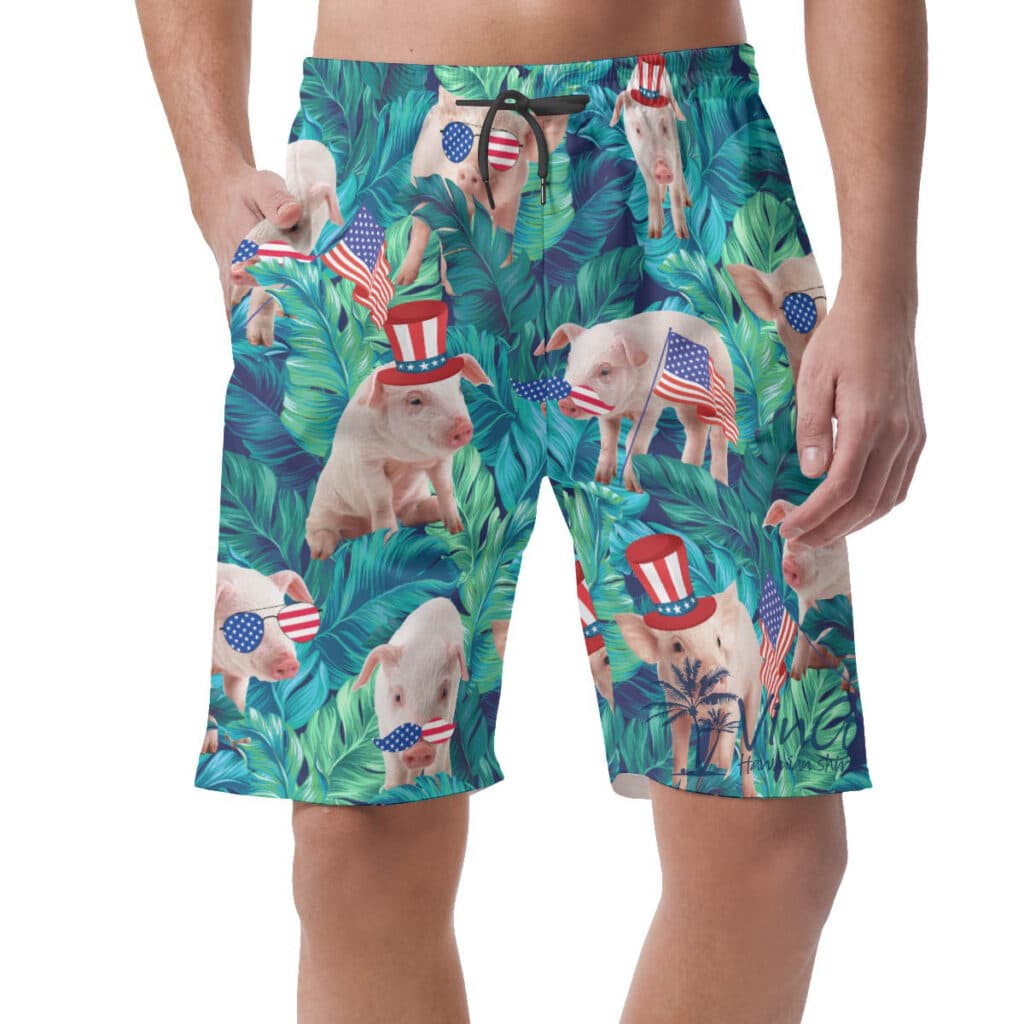 Patriotic Pig With American Hat Tropical Hawaiian Beach Shorts For Men