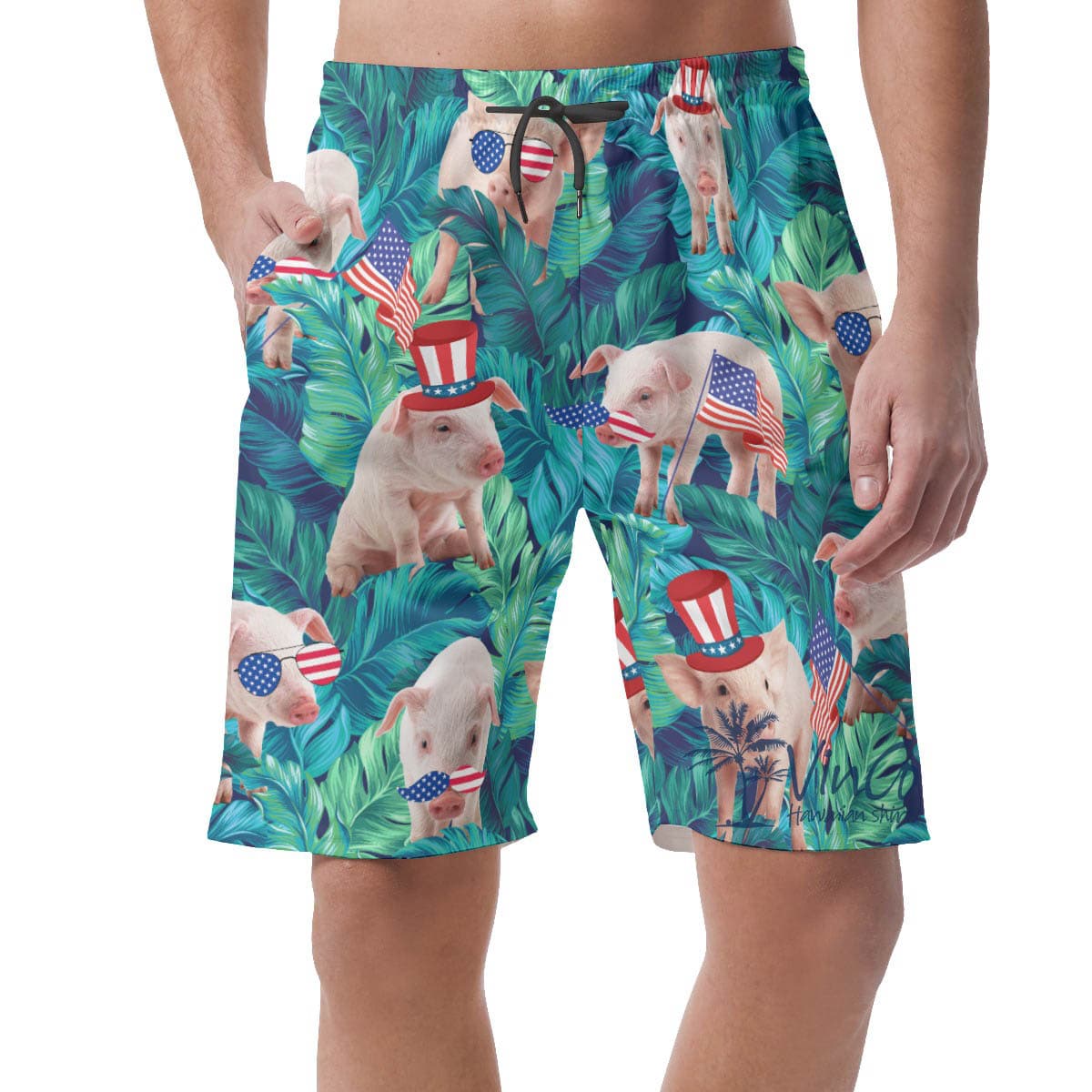 Patriotic Pig With American Hat Tropical Hawaiian Beach Shorts For Men