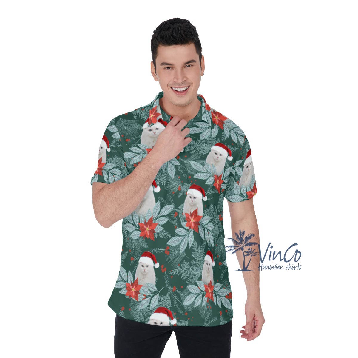 Personalize Photo Cat Face Christmas Hawaiian Polo Shirt For Men (2)