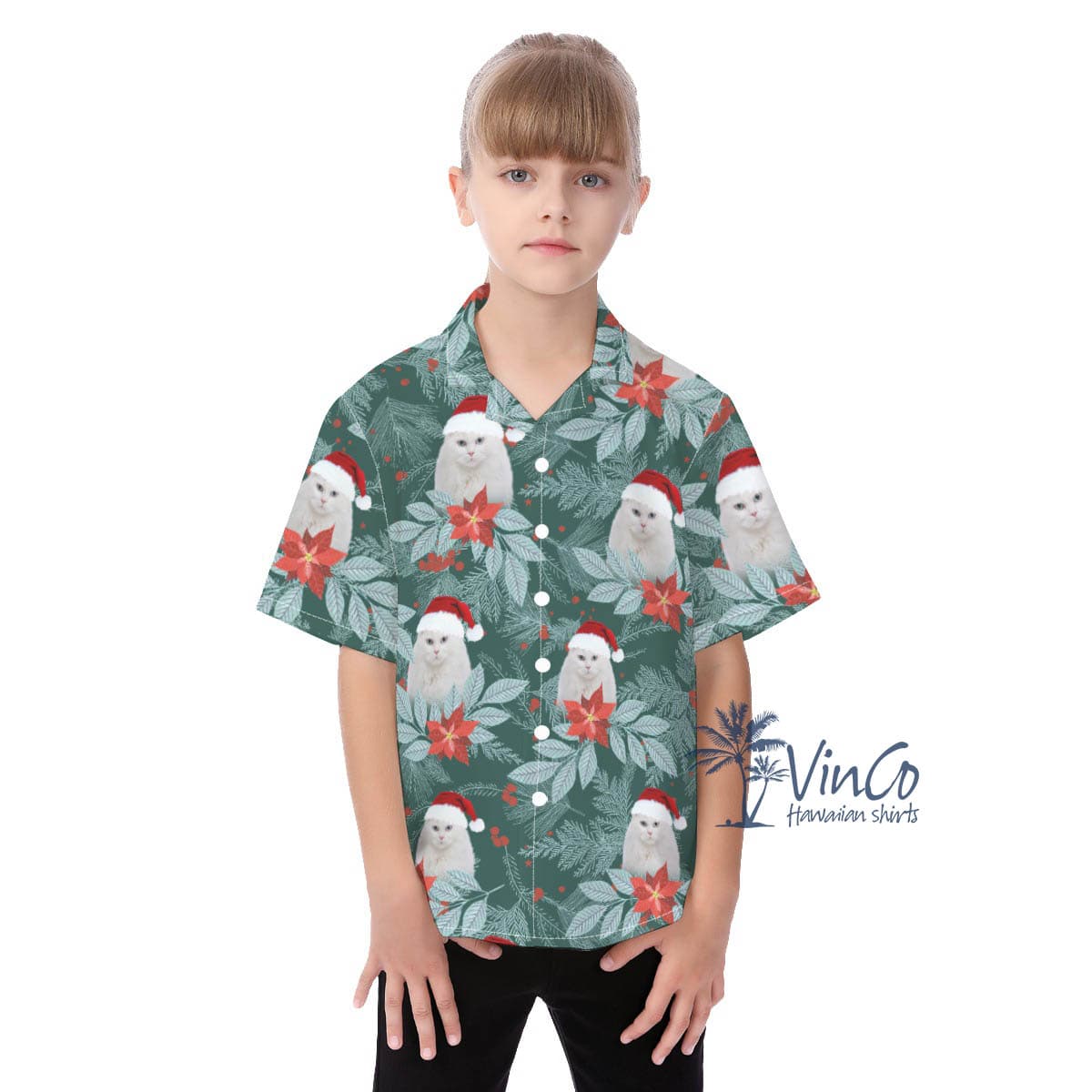 Personalized Cat Photo Christmas Hawaiian Button Shirt For Kids (4)