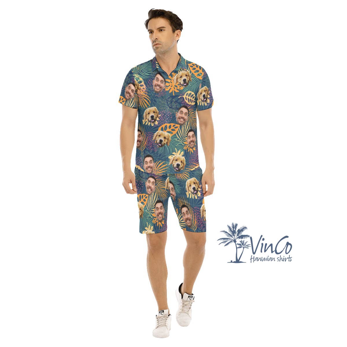 Personalized Dog Face Photo With Human Hawaiian Shirt Set For Men (1)