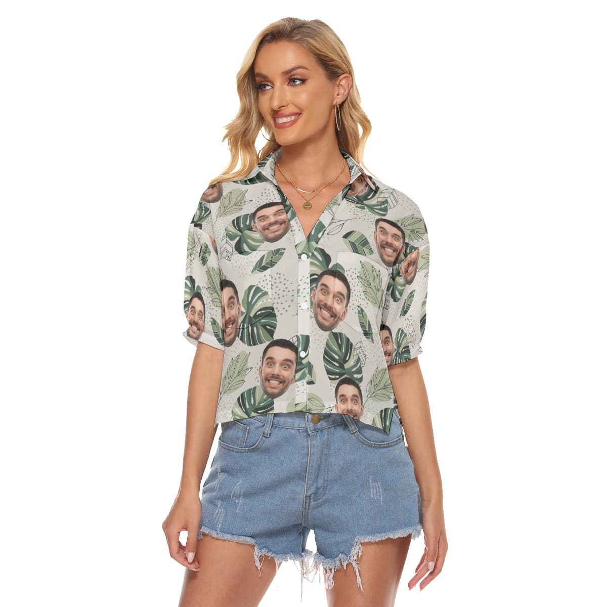 Personalized Face Hawaiian Cropped Shirt For Women (1)