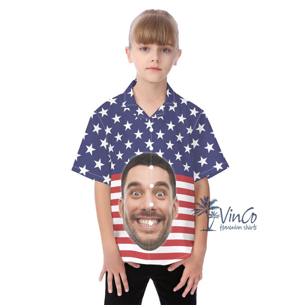 Personalized Faces American Flag Kid’s Button Hawaiian Shirt (1)