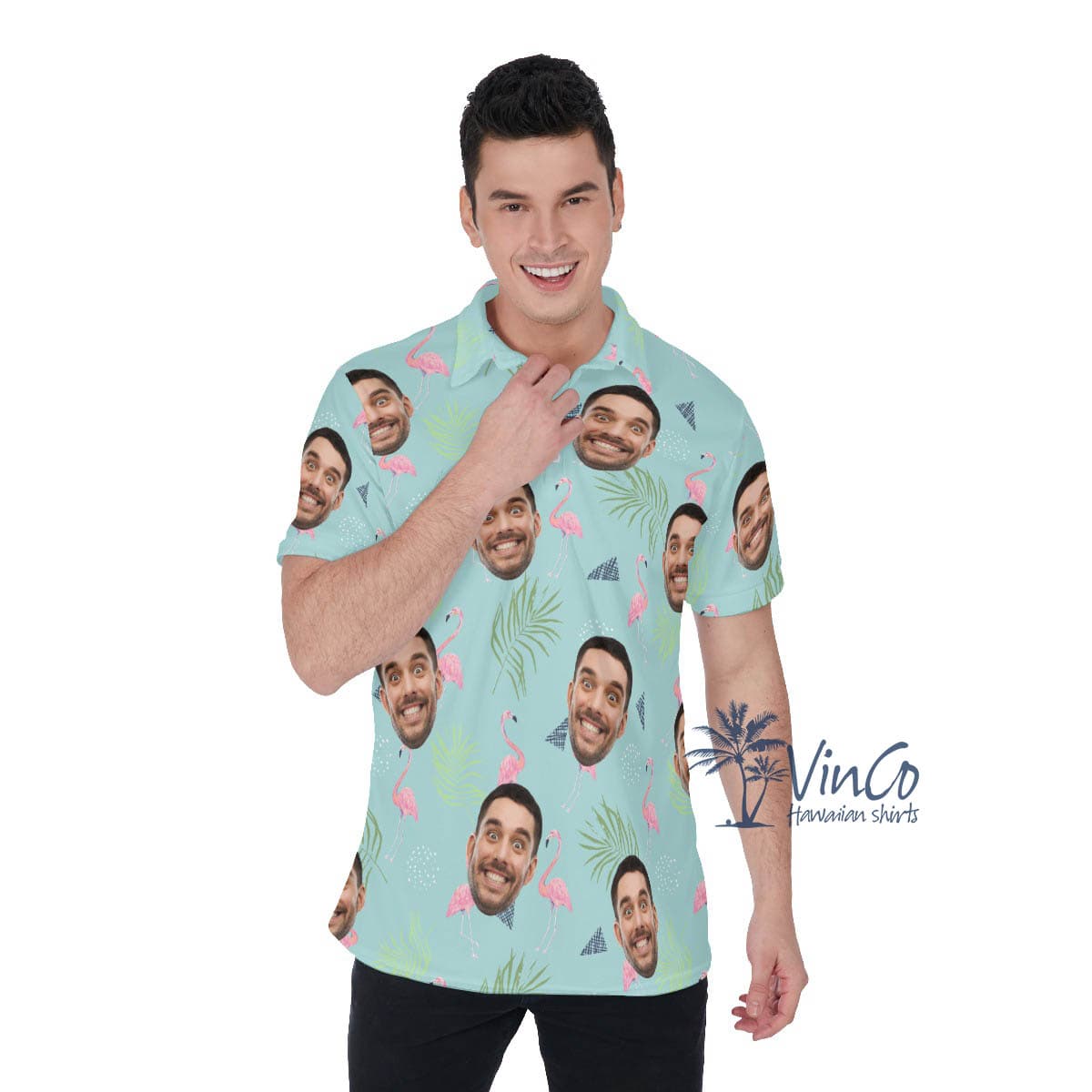 Personalized Flamingo Hawaiian Polo Shirt With Faces (1)