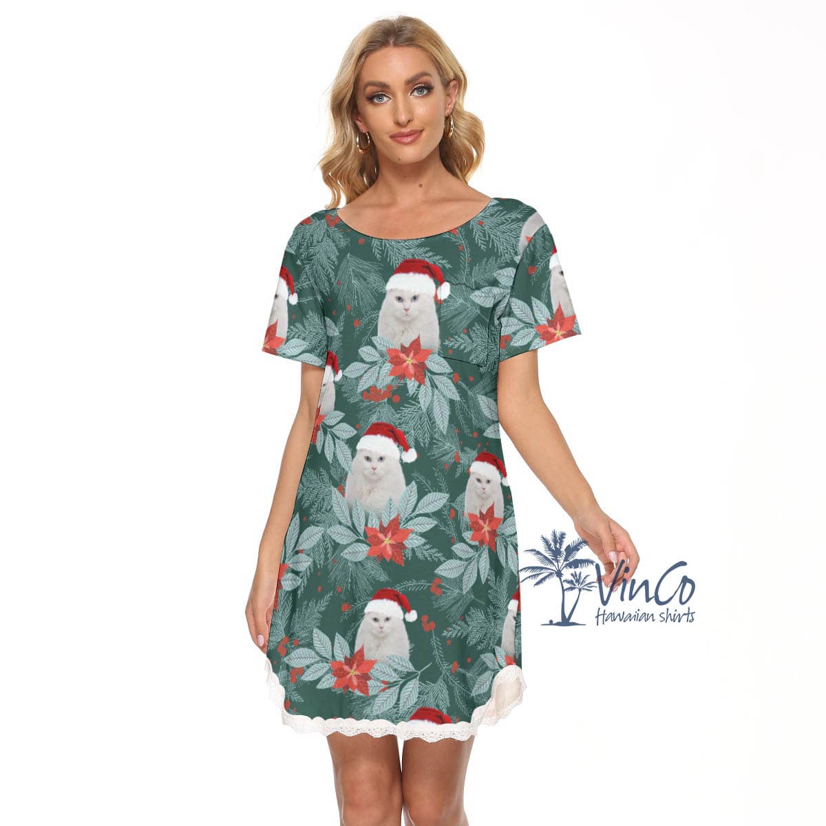 Personalized Pet Photo Christmas Hawaiian Dress With Lace For Women (2)