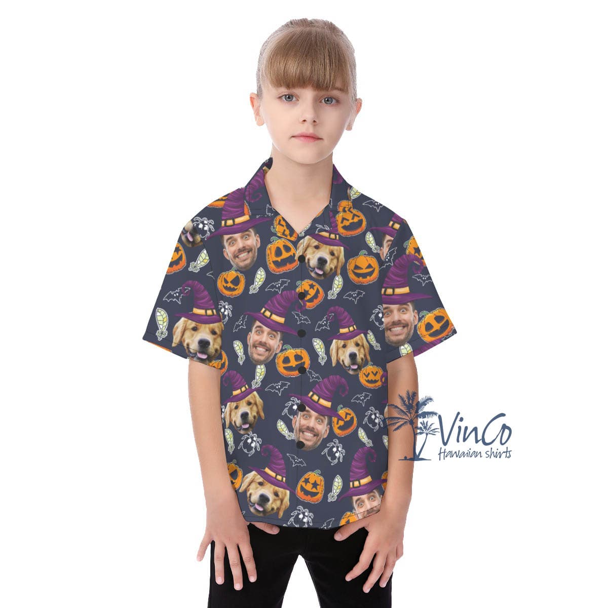 Personalized Photo Faces Halloween Hawaiian Button Up Shirt For Kids (2)