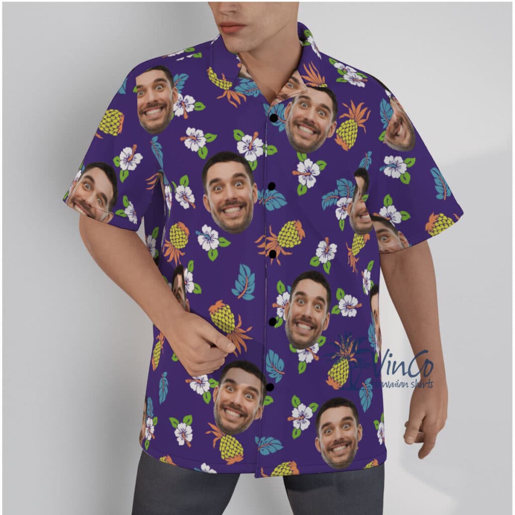 Pineapple Floral Navy Custom Hawaiian Shirt With Face (1)