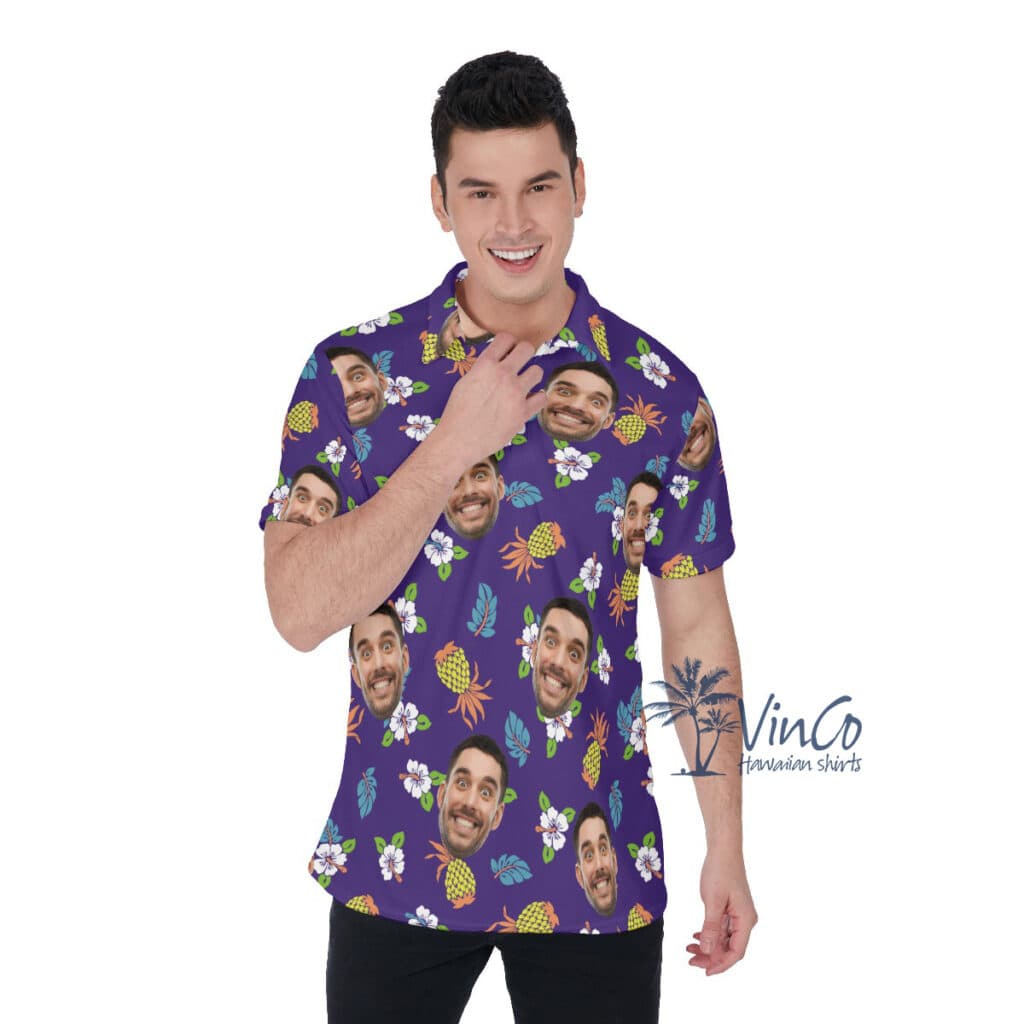 Pineapple Floral Navy Custom Men's Polo Shirt With Multiple Faces (1)