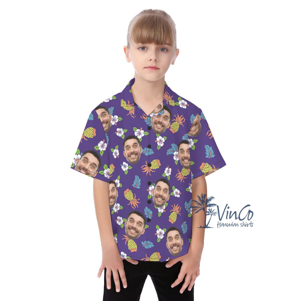 Pineapple Floral Navy Kid's Hawaiian Shirt With Custom Face (4)