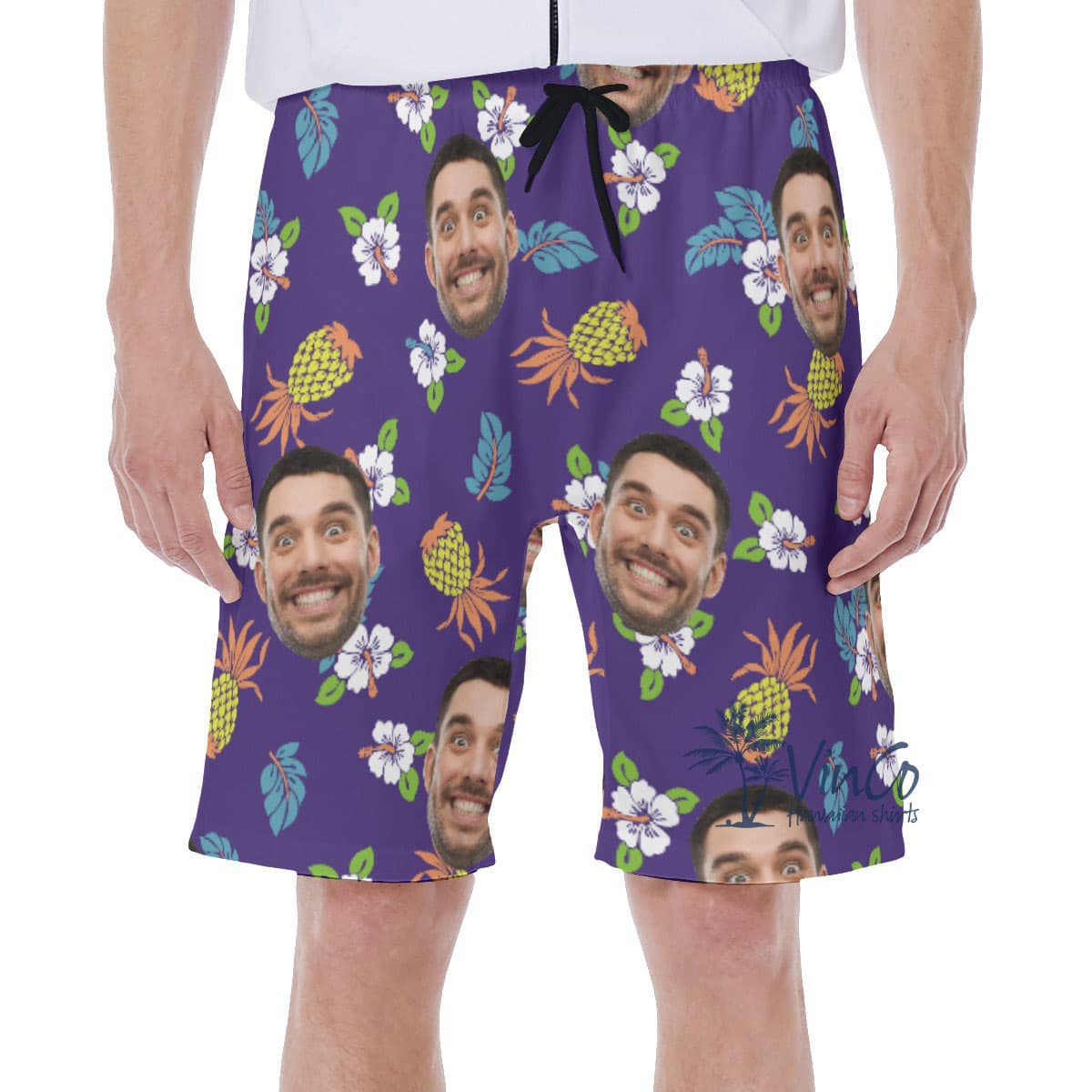Pineapple Floral Navy Men's Swim Trunks With Custom Face (3)