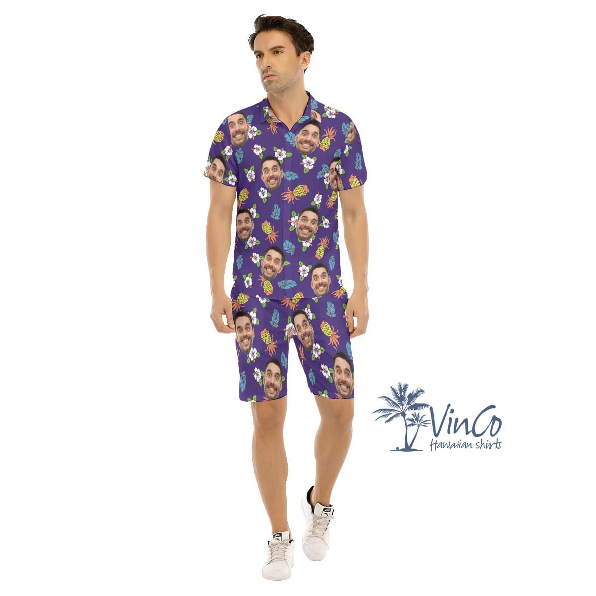 Pineapple Navy Custom Face Hawaiian Shirt And Shorts For Men (1)