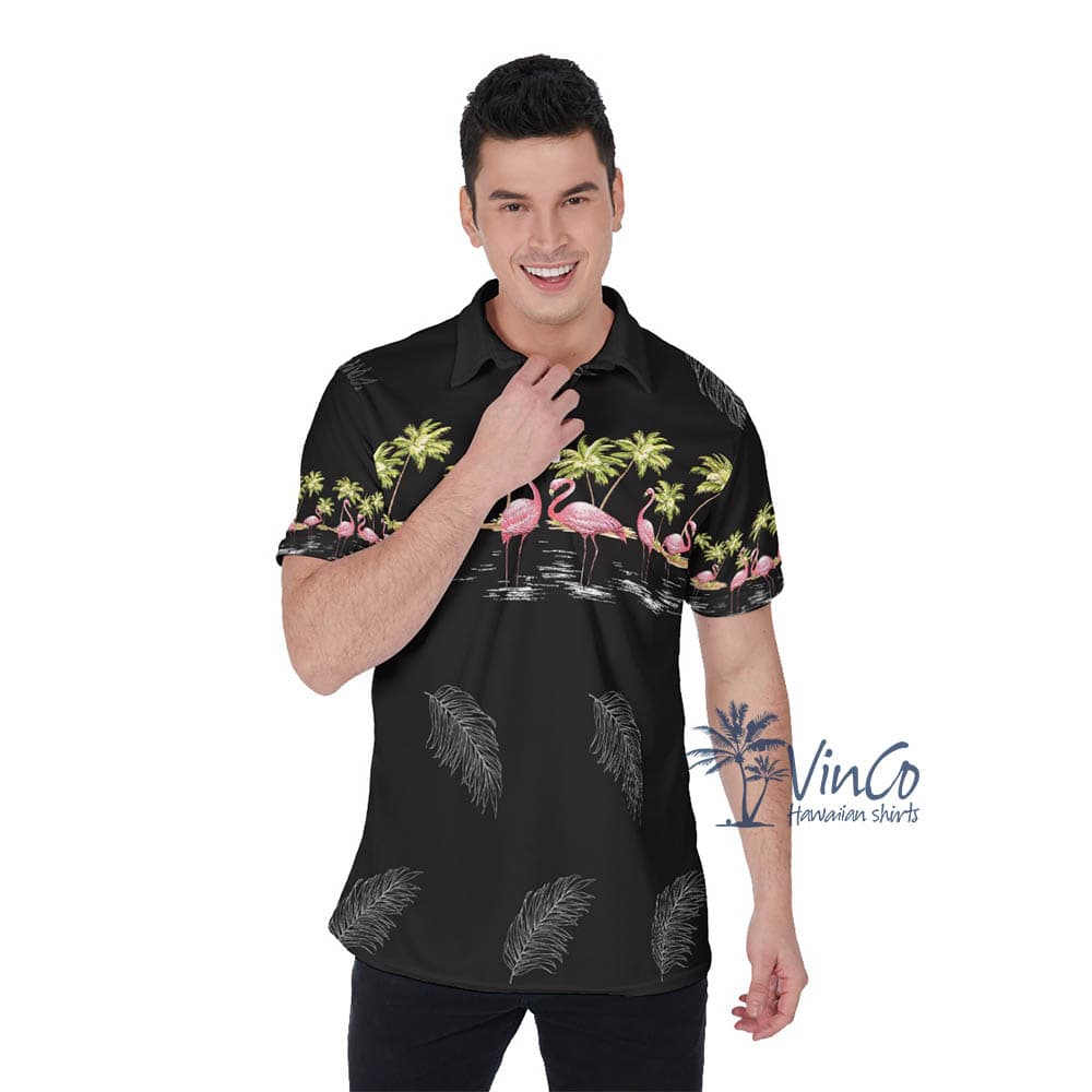 Pink Flamingo Black Hawaiian Polo Shirt For Men (1)