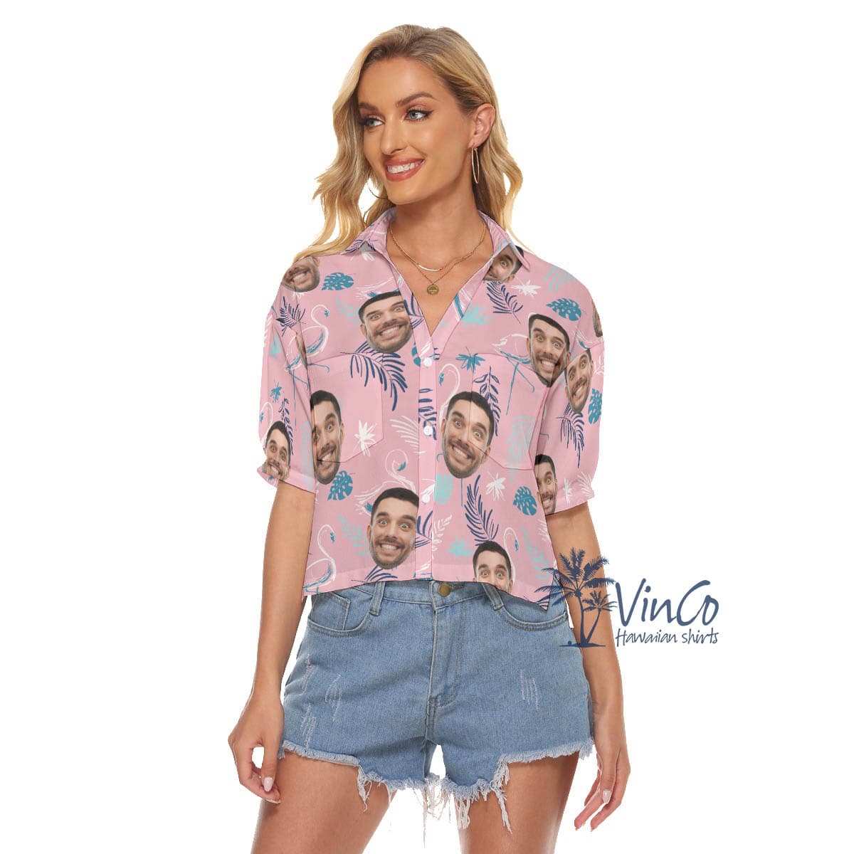 Pink Flamingo Custom Face Cropped Hawaiian Shirt For Women (2)