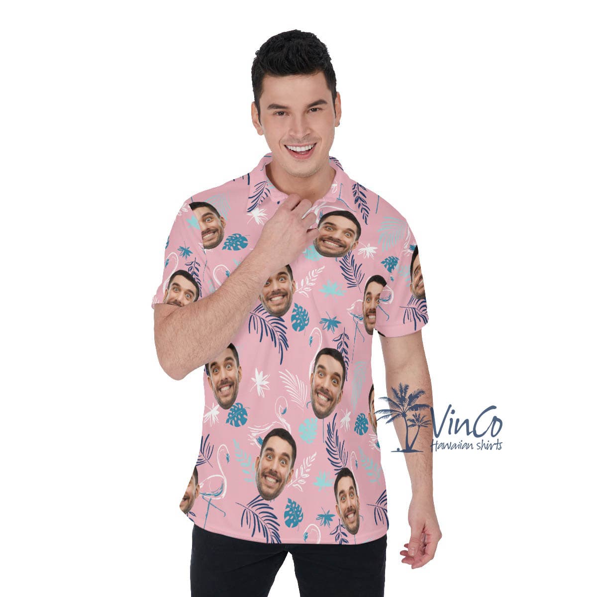 Pink Flamingo Custom Faces Hawaiian Polo Shirt For Men (1)