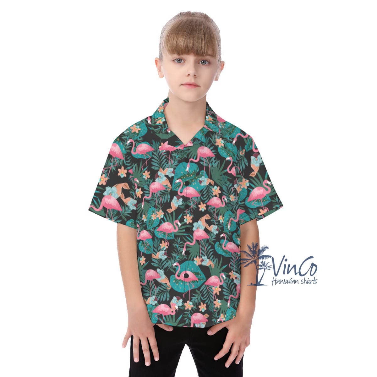 Pink Flamingo Tropical Button Shirt For Kids (1)