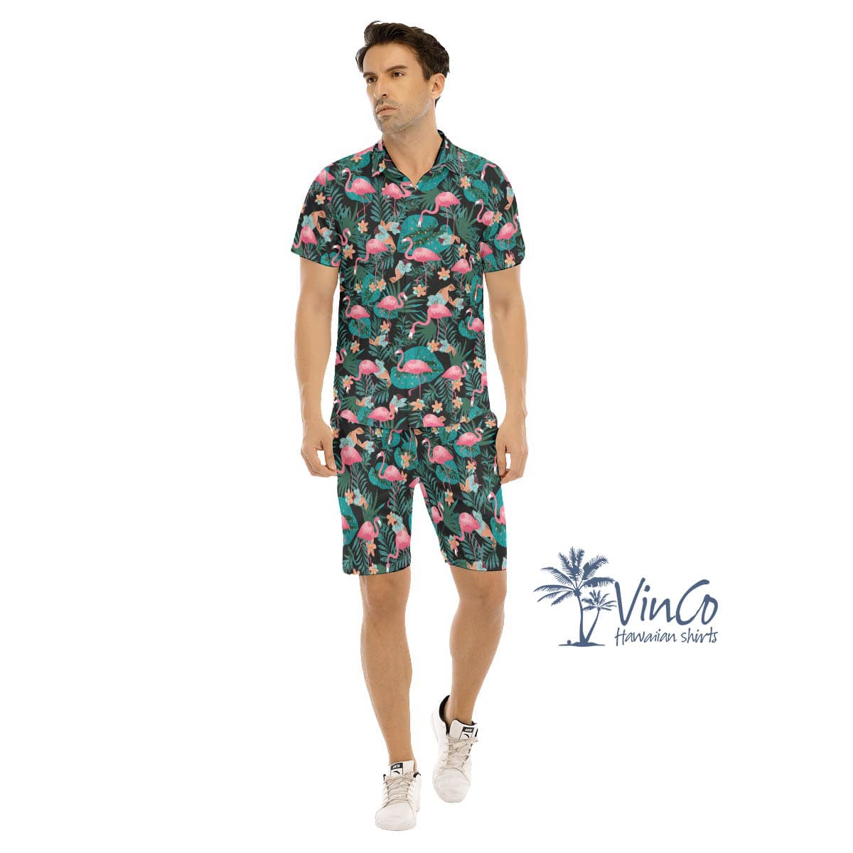Pink Flamingo Tropical Button Shirt Set For Men (2)
