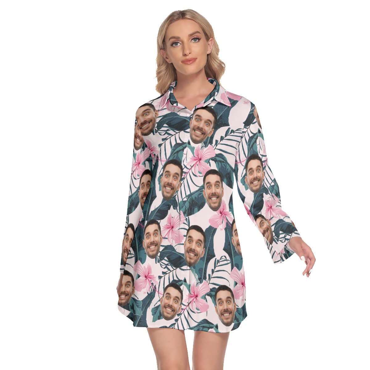 Pink Floral Custom Face Women’s Hawaiian Dress Shirt (1)