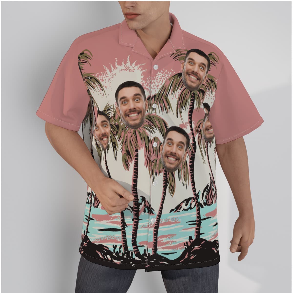 Pink Palm Trees Personalized Hawaiian Shirt With Faces (1)