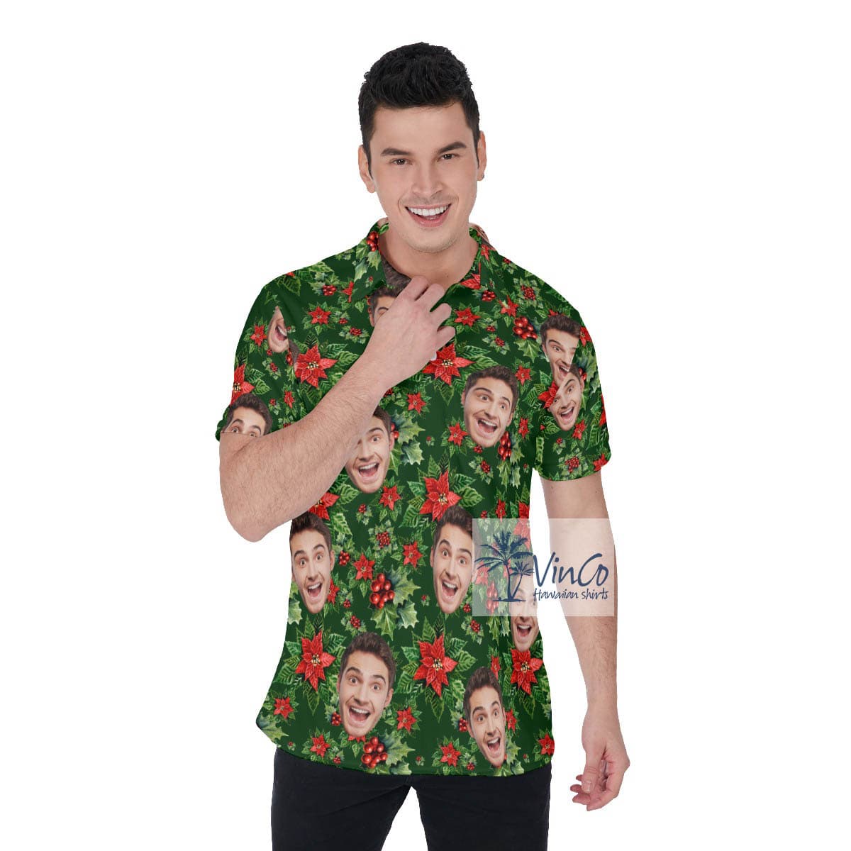 Poinsettia Tropical Hawaiian Polo Shirt With Custom Face
