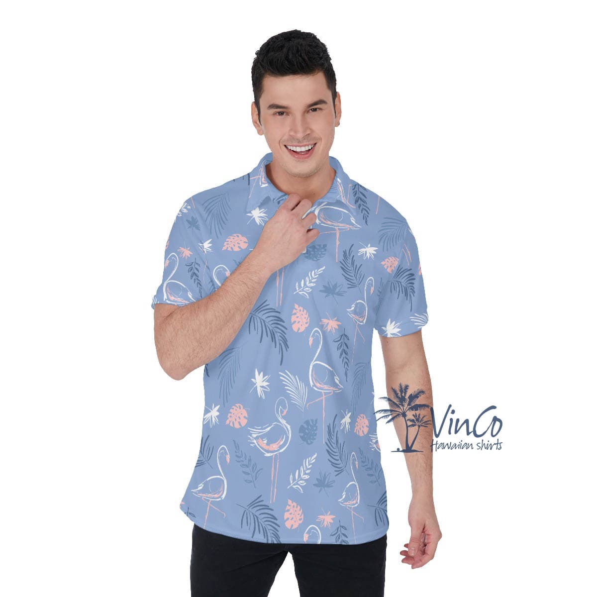 Purple Flamingo Hawaiian Polo Shirt For Men (3)