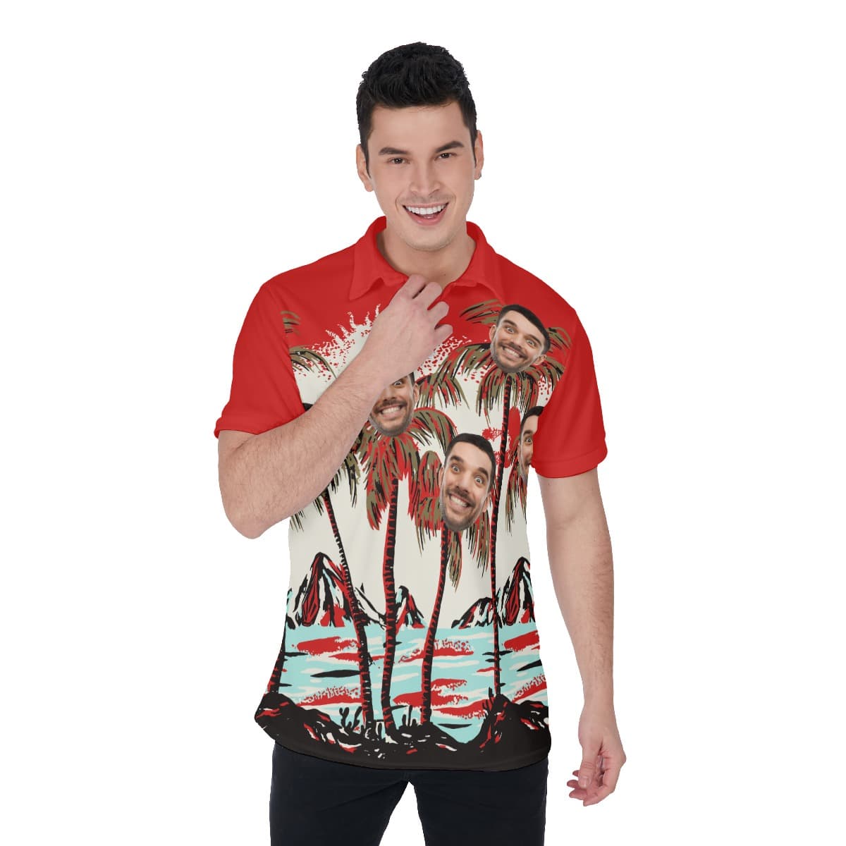 Red Tropical Custom Multiple Faces Hawaiian Polo Shirt (1)
