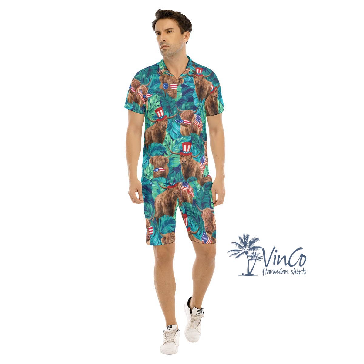 Set 4th Of July Cow Tropical Hawaiian Shirt And Matching Shorts For Men (1)