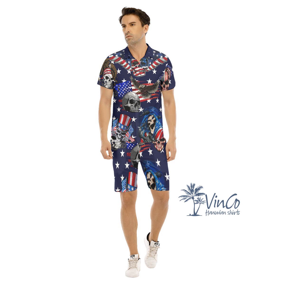 Set American Eagle Skull Patriotic Hawaiian Shirt And Shorts For Men (1)