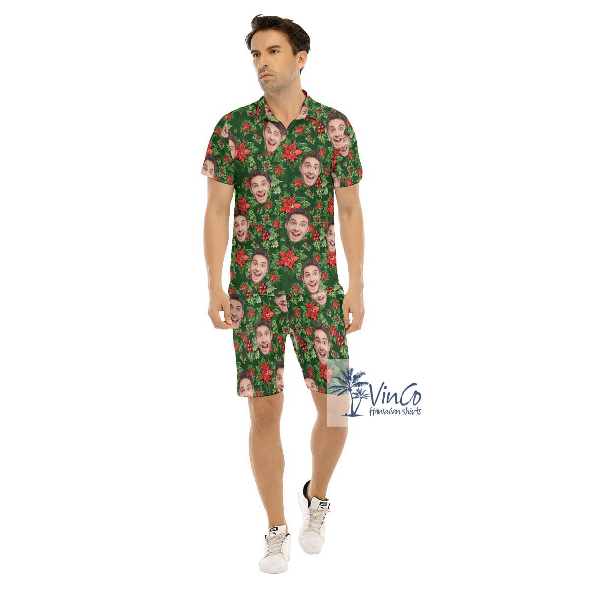 Set Christmas Poinsettia Custom Face Hawaiian Shirt And Shorts For Men