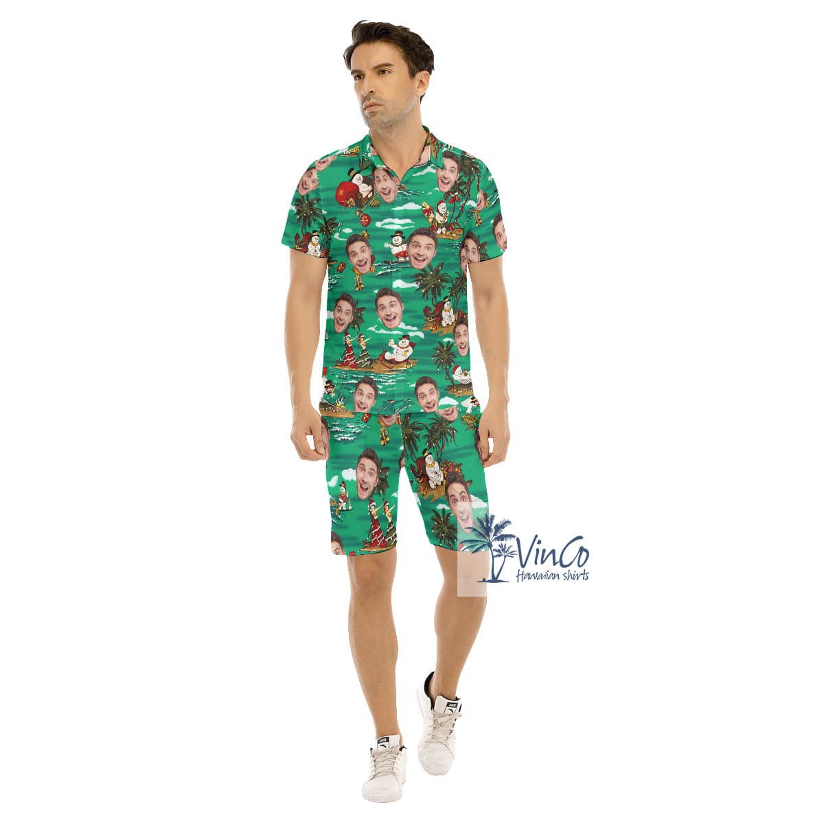 Set Christmas Snowman Tropical Custom Face Hawaiian Shirt And Shorts For Men