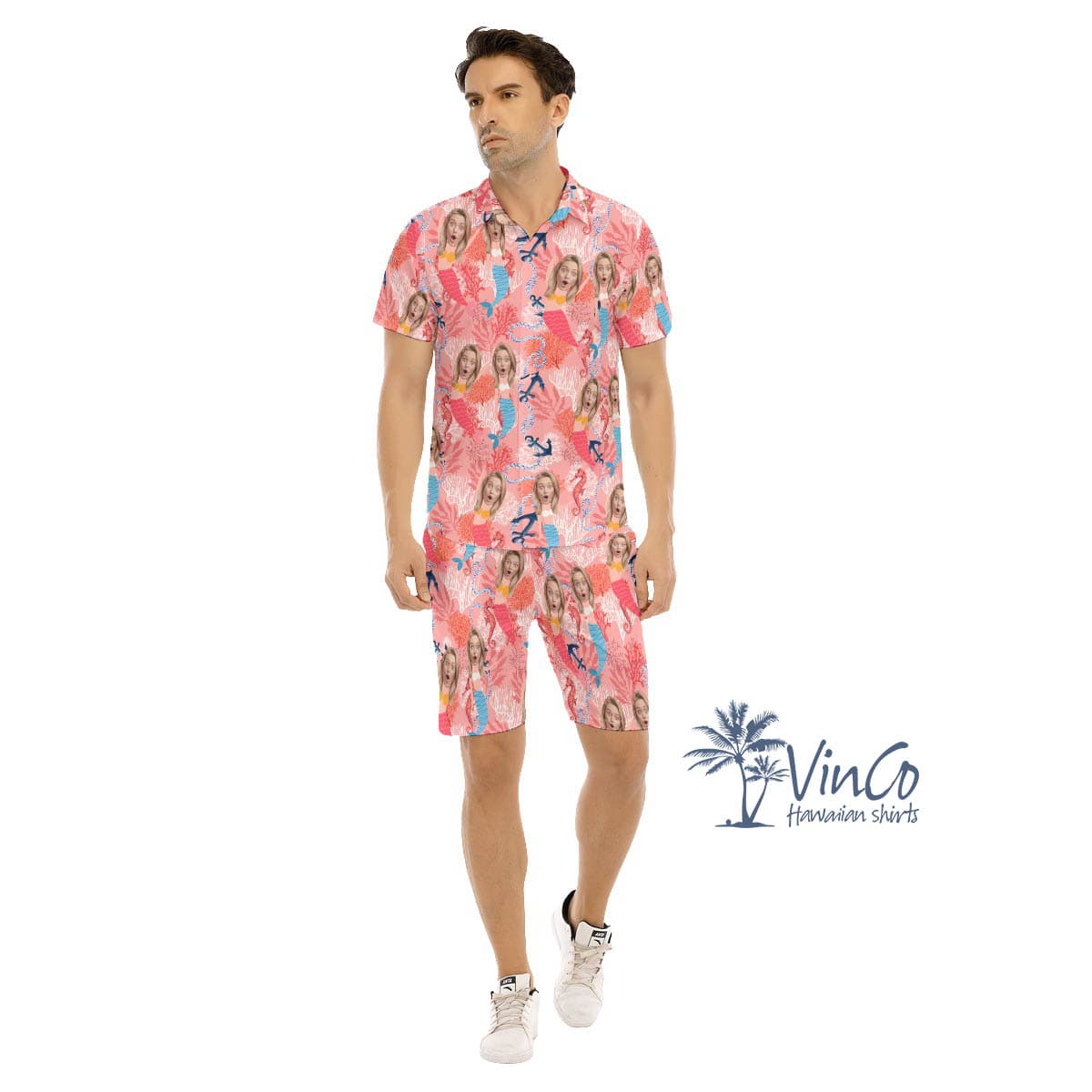 Set Custom Face Mermaid Hawaiian Shirt And Shorts For Men (1)