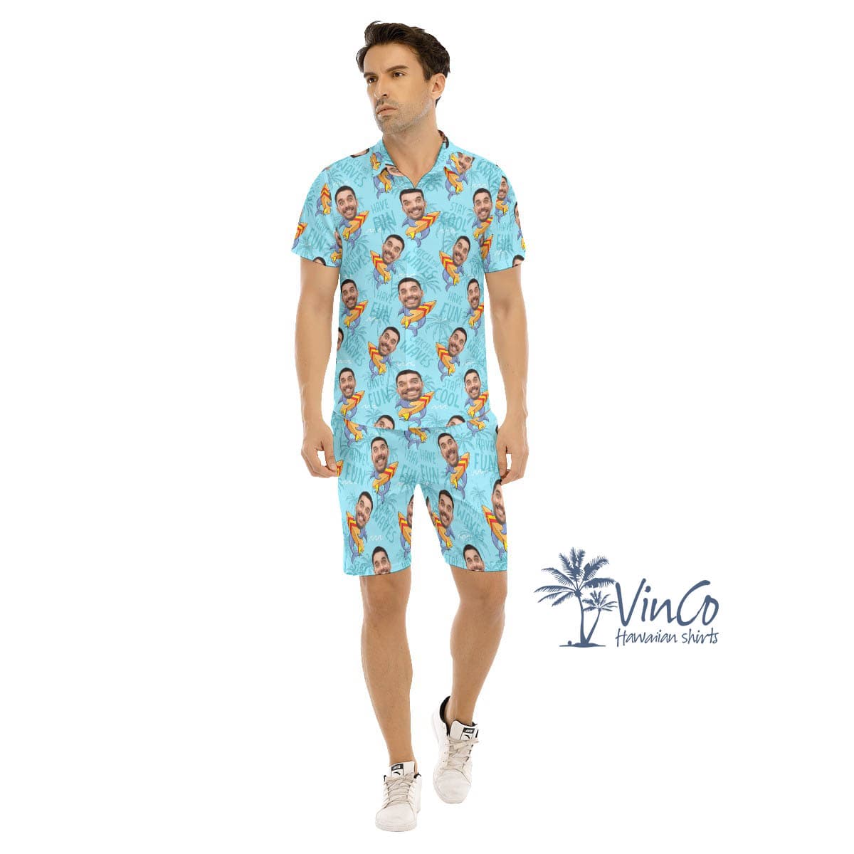 Set Custom Face Shark Surfing Hawaiian Shirt And Matching Shorts For Men (4)