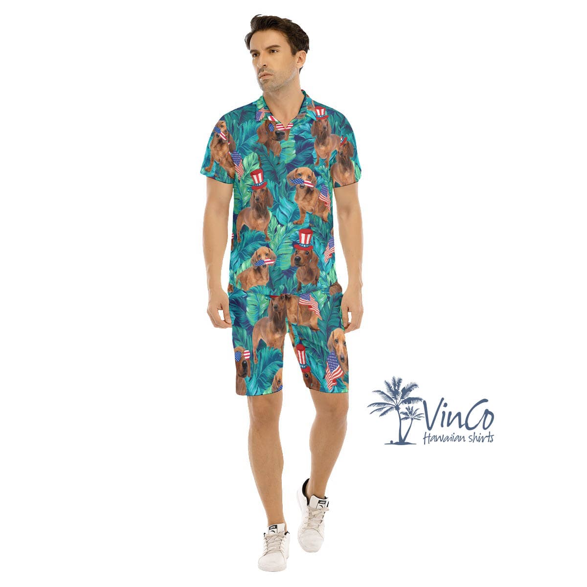 Set Dachshund Patriotic Tropical Hawaiian Shirt And Matching Shorts For Men (1)