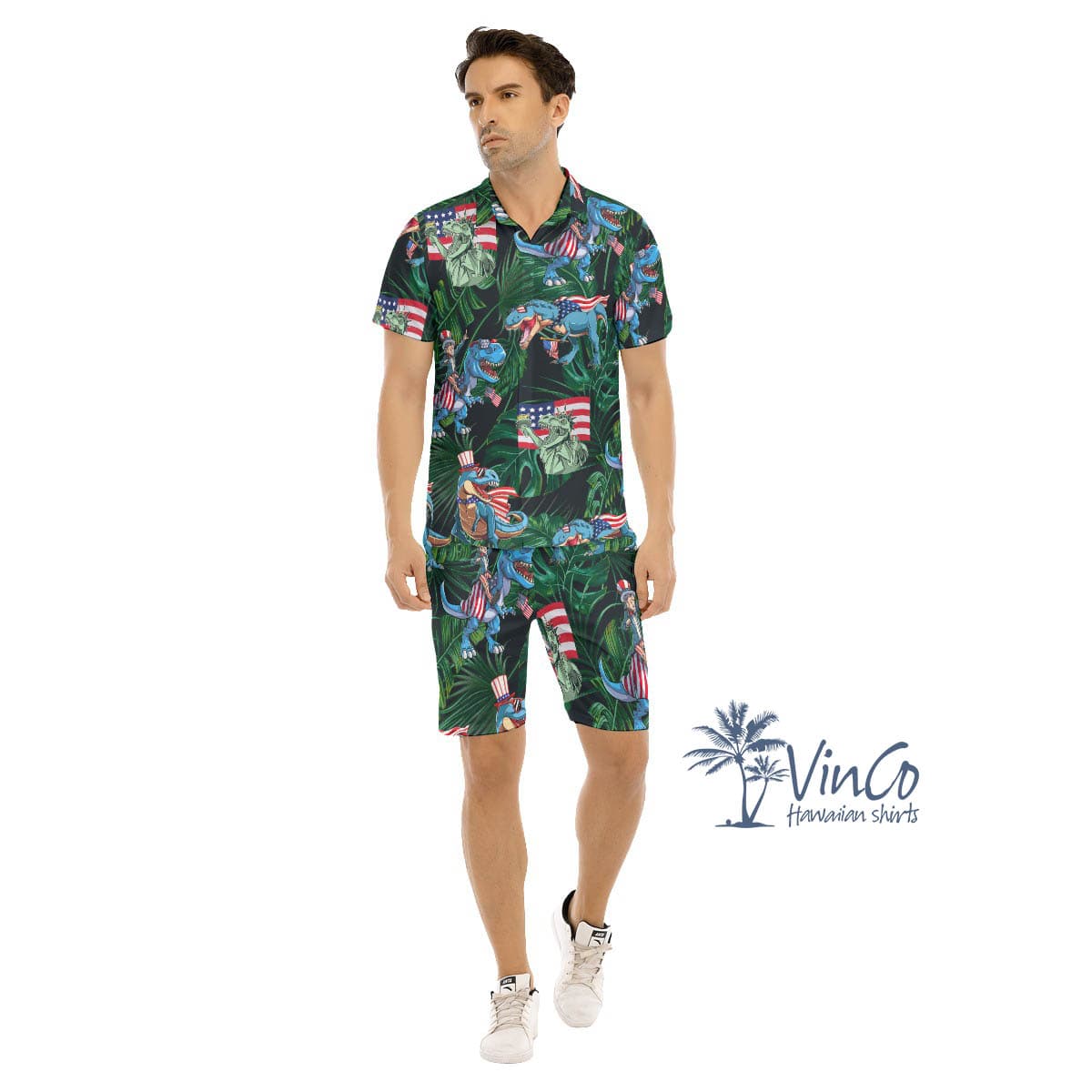 Set Dinosaur 4th Of July Hawaiian Shirt And Matching Shorts For Men (1)