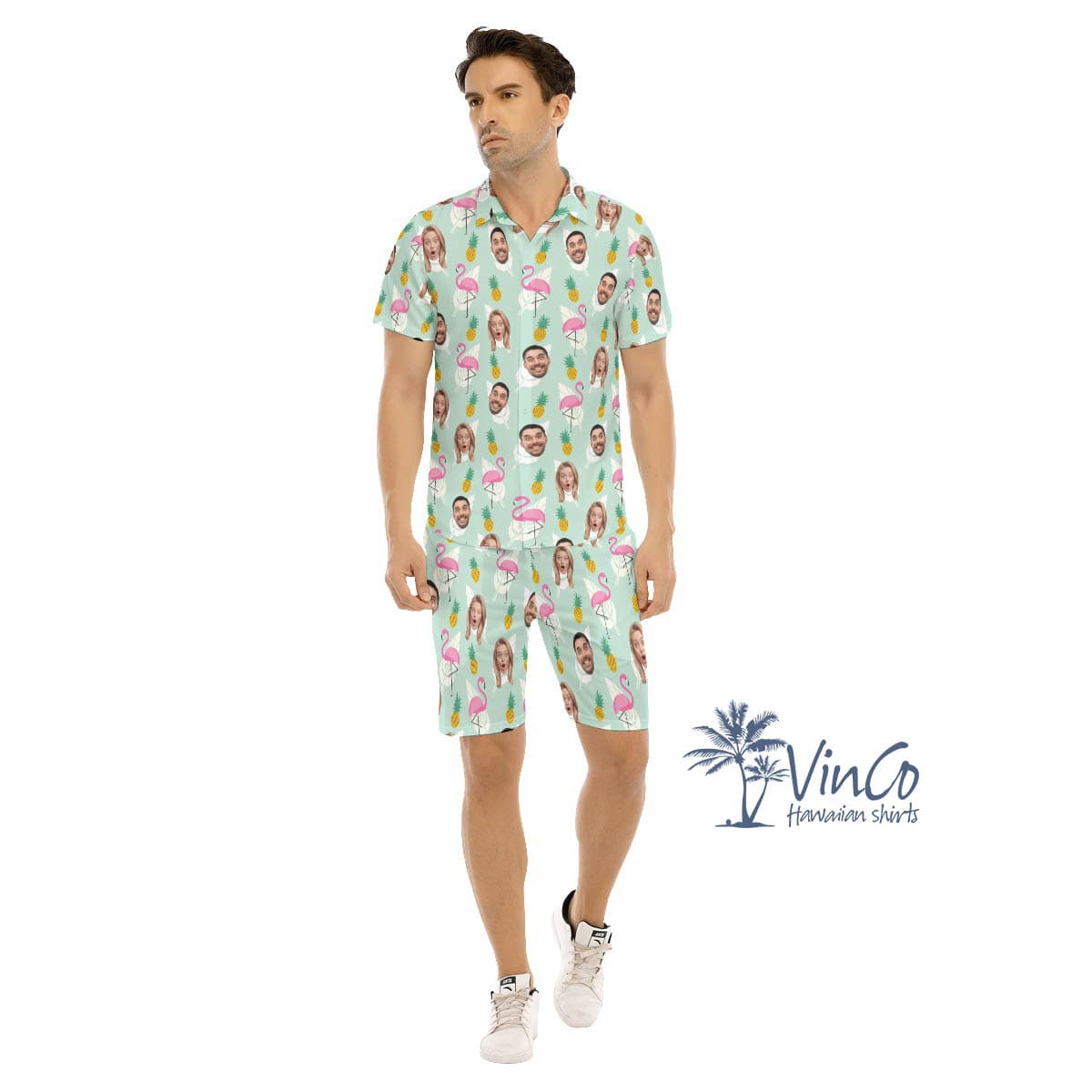 Set Flamingo Pineapple Custom Face Hawaiian Shirt And Shorts For Men (4)