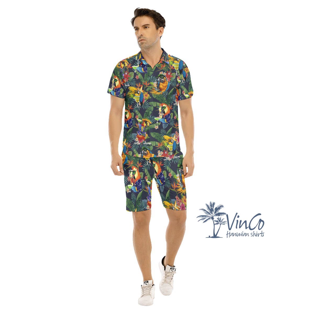 Set Parrot Cocktails Tropical Hawaiian Shirt And Matching Shorts For Men (1)