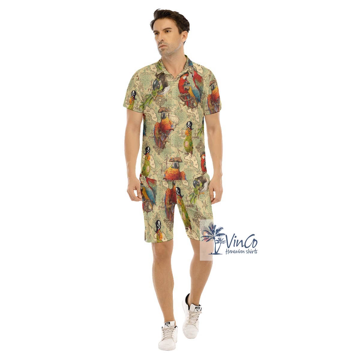 Set Parrot Pirate Hawaiian Shirt And Matching Shorts For Men
