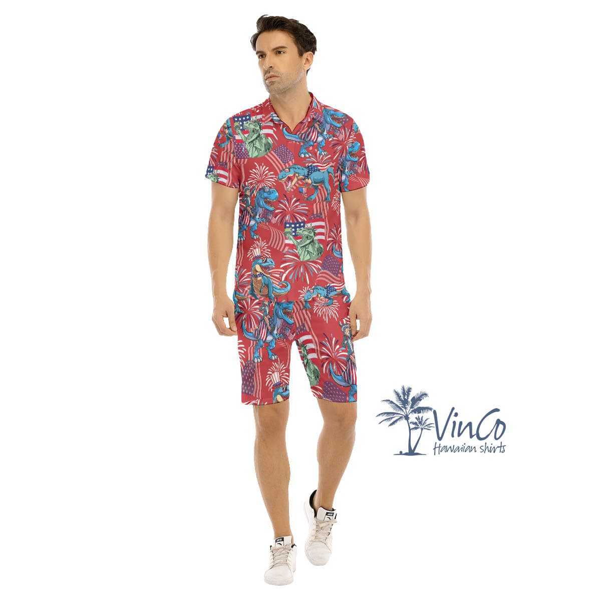 Set Patriotic Dinosaur Red Hawaiian Shirt And Matching Shorts For Men (4)