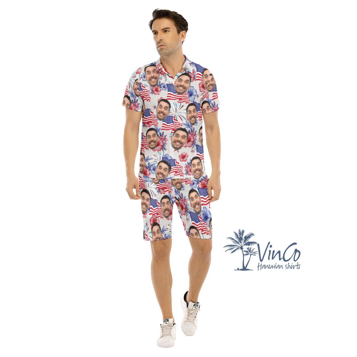 Set Patriotic Floral Hawaiian Shirt And Shorts With Custom Face For Men (1)