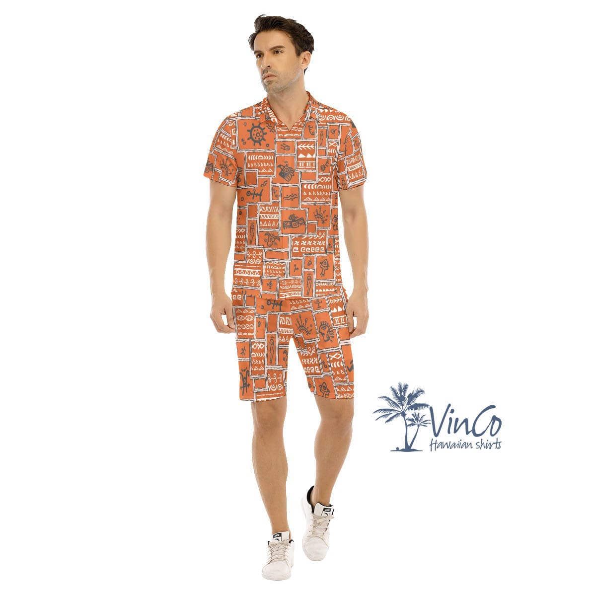 Set Vintage Ethnic Style Hawaiian Shirt And Matching Shorts For Men