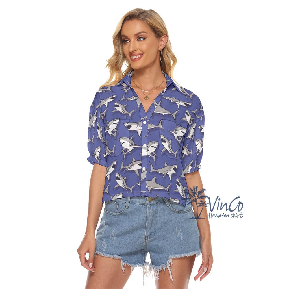 Shark Hawaiian Cropped Shirt For Women (1)