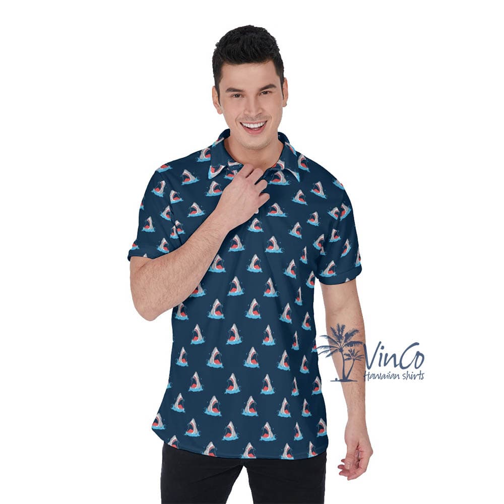 Shark Navy Hawaiian Polo Shirt For Men (1)