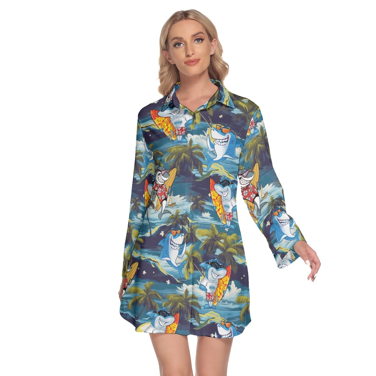 Shark Surfing Tropical Hawaiian Shirt Dress For Women