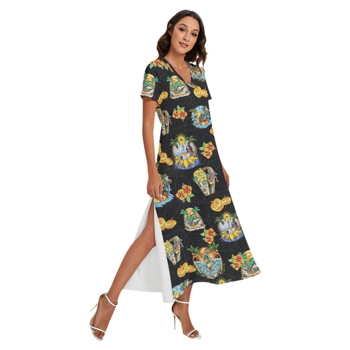 Skeleton Vacation Luau Dress With Side Slit