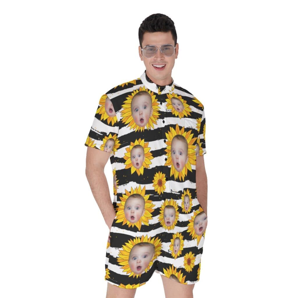 Sunflowers Custom Face Hawaiian Romper For Men