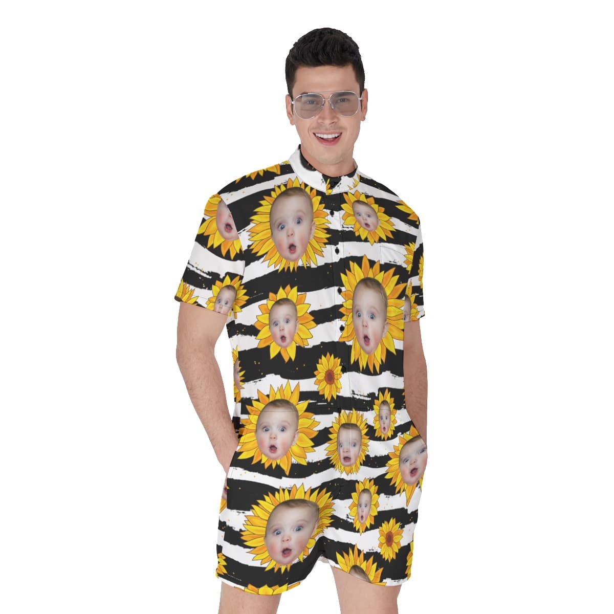 Sunflowers Custom Face Hawaiian Romper For Men
