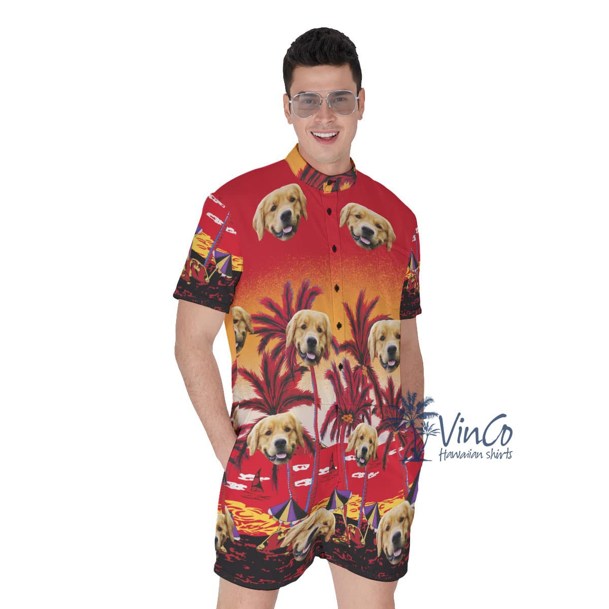 Sunset Beach Red Custom Hawaiian Romper With Multiple Faces (1)