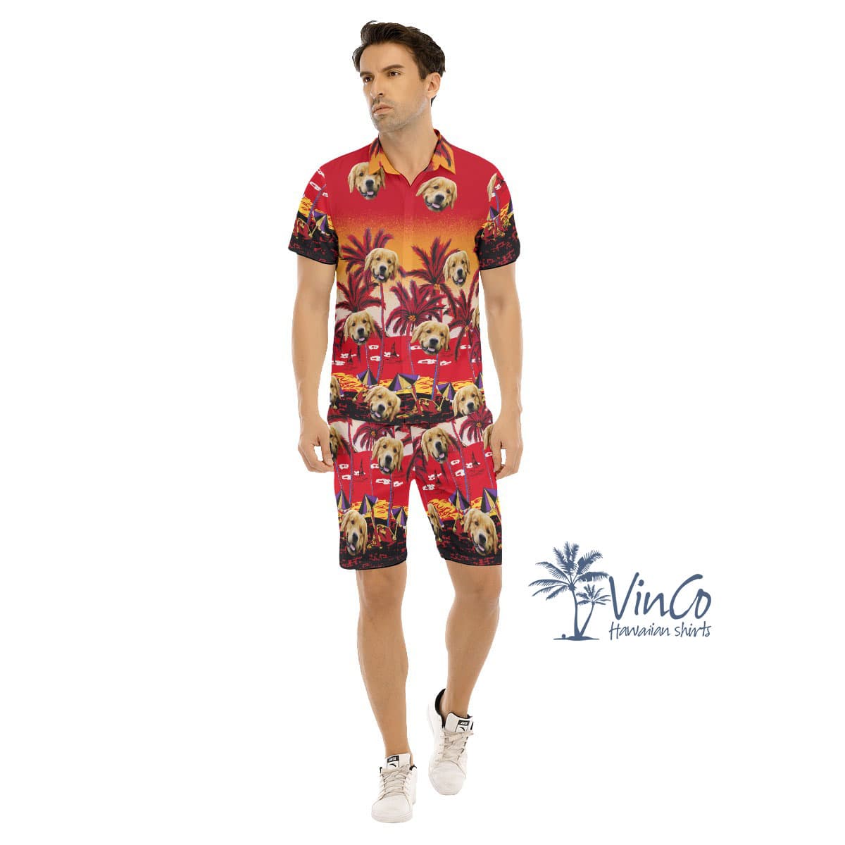 Sunset Beach Red Custom Hawaiian Shirt And Shorts Set With Face (1)